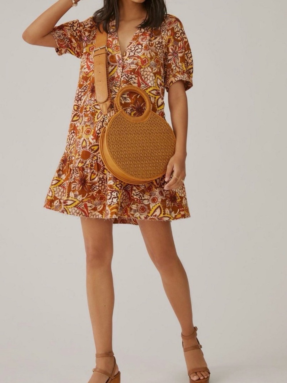 Pilcro Floral Puff Sleeve V-Neck Short Sleeve Mini Dress by Anthropologie XL